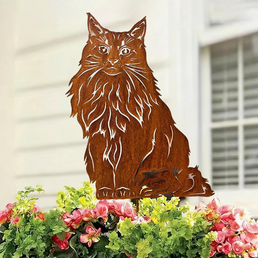 Gartenstecker Rost Katzen, Maine Coon Katze Gartendeko Rost, Gartenstecker Metall, Gartendeko Katze