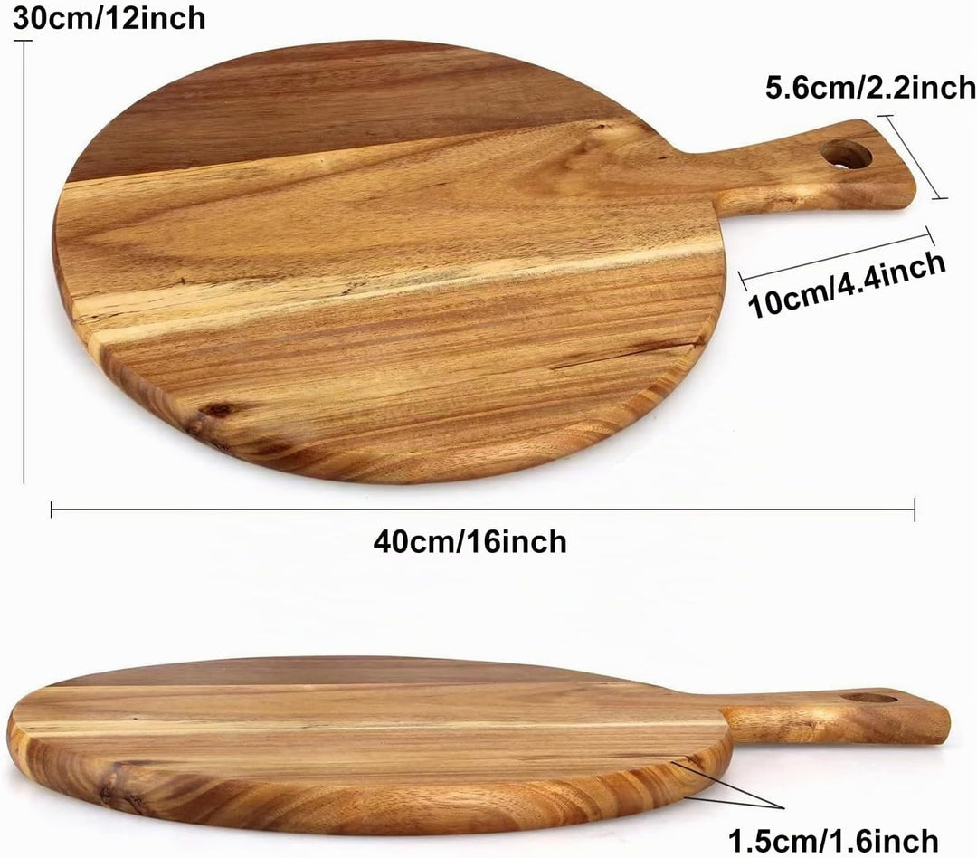Rundes Schneidebrett aus Akazienholz, Pizza-Paddel Pizzaschaufel, Holz Schneidebrett mit Griff, Küch