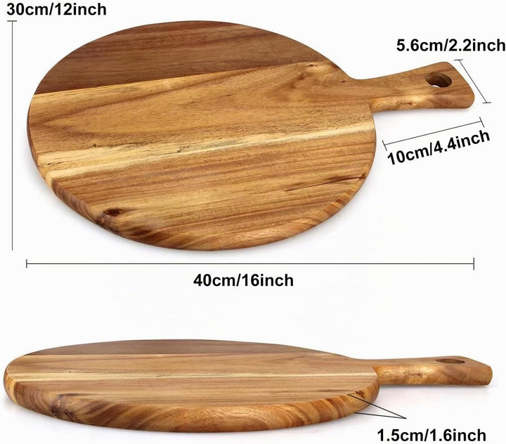 Rundes Schneidebrett aus Akazienholz, Pizza-Paddel Pizzaschaufel, Holz Schneidebrett mit Griff, Küch