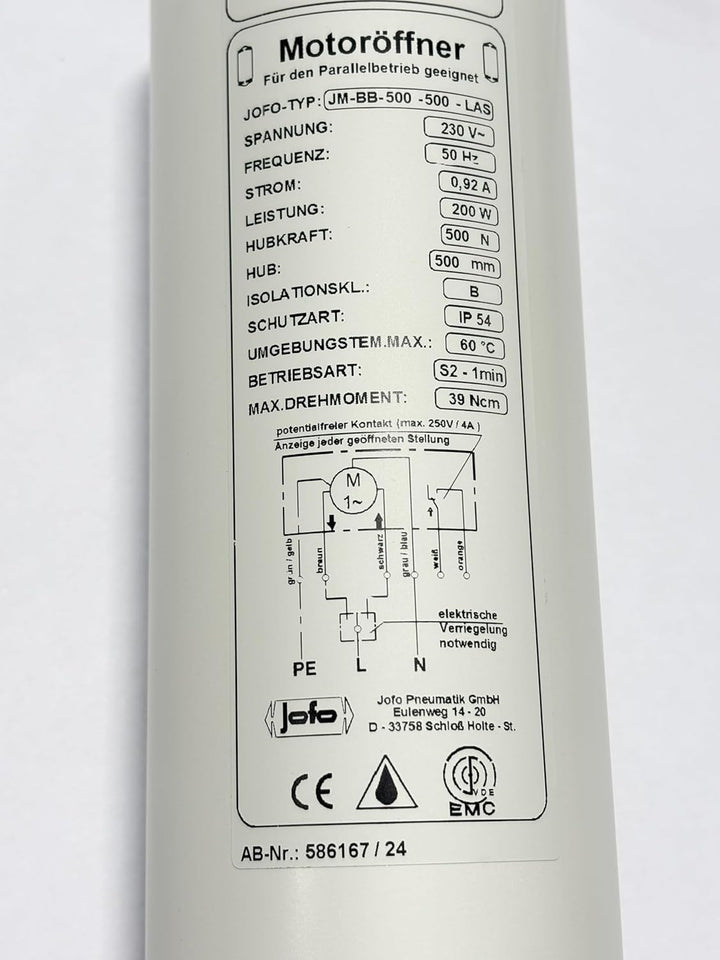 Motoröffner, Spindelantrieb Lichtkuppel 230V / 500mm HUB, JMBB 500-0500-LS mit Halterungen