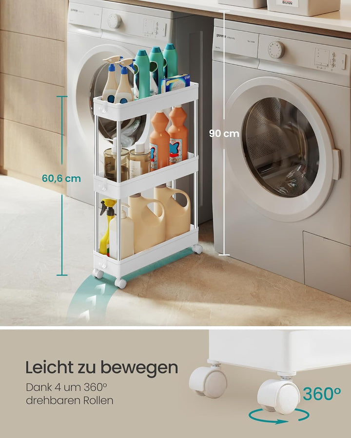 SONGMICS Rollwagen, Küchenwagen, Küchenregal, Nischenregal, mit 6 Haken, 360° drehbare Räder, Stahlg