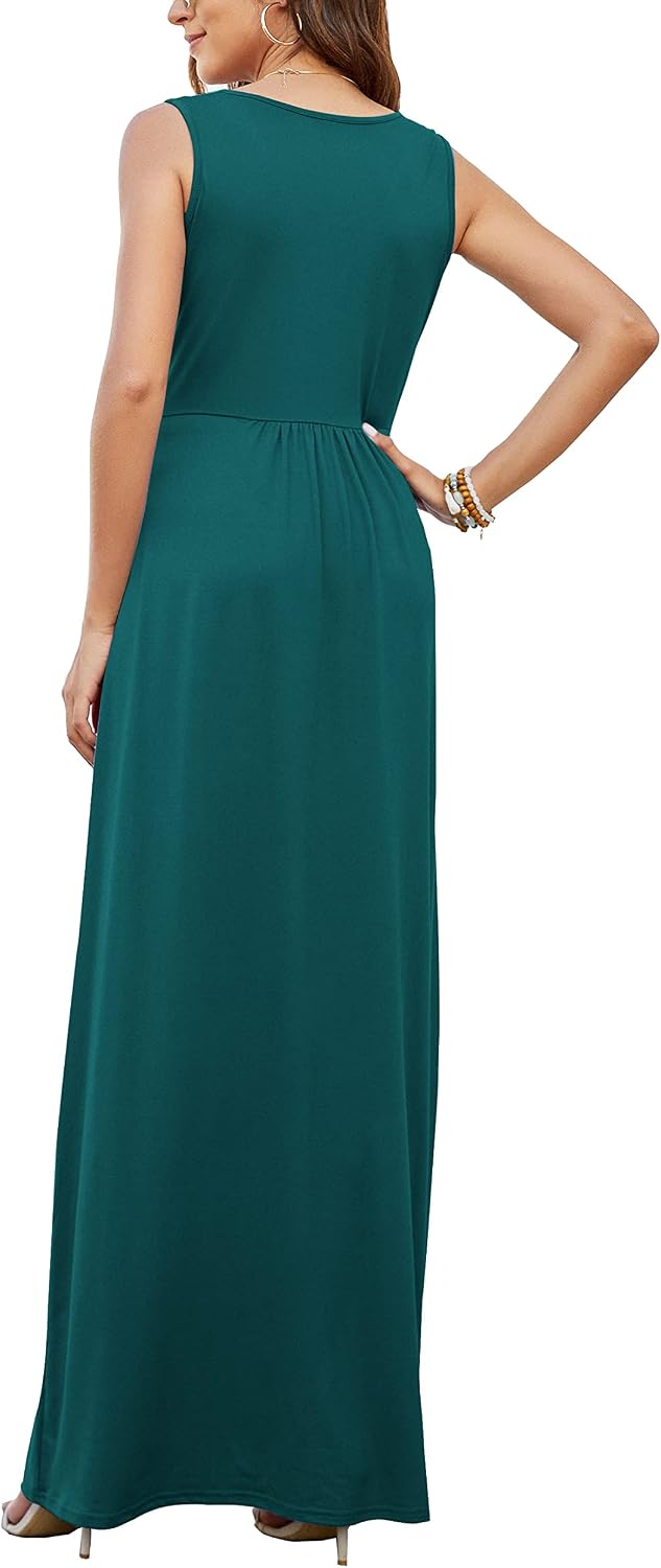 AUSELILY Maxikleid Damen Sommer ärmellos Kleid Lang Elegant tiefem V-Ausschnitt Abendkleid mit Tasch
