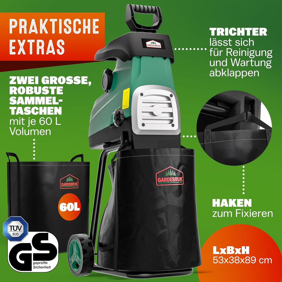 Gardebruk® Leisehäcksler 3100 W max. 44 mm Aststärke Elektrisch 2 x 60 L Auffangbeutel Gartenhäcksle