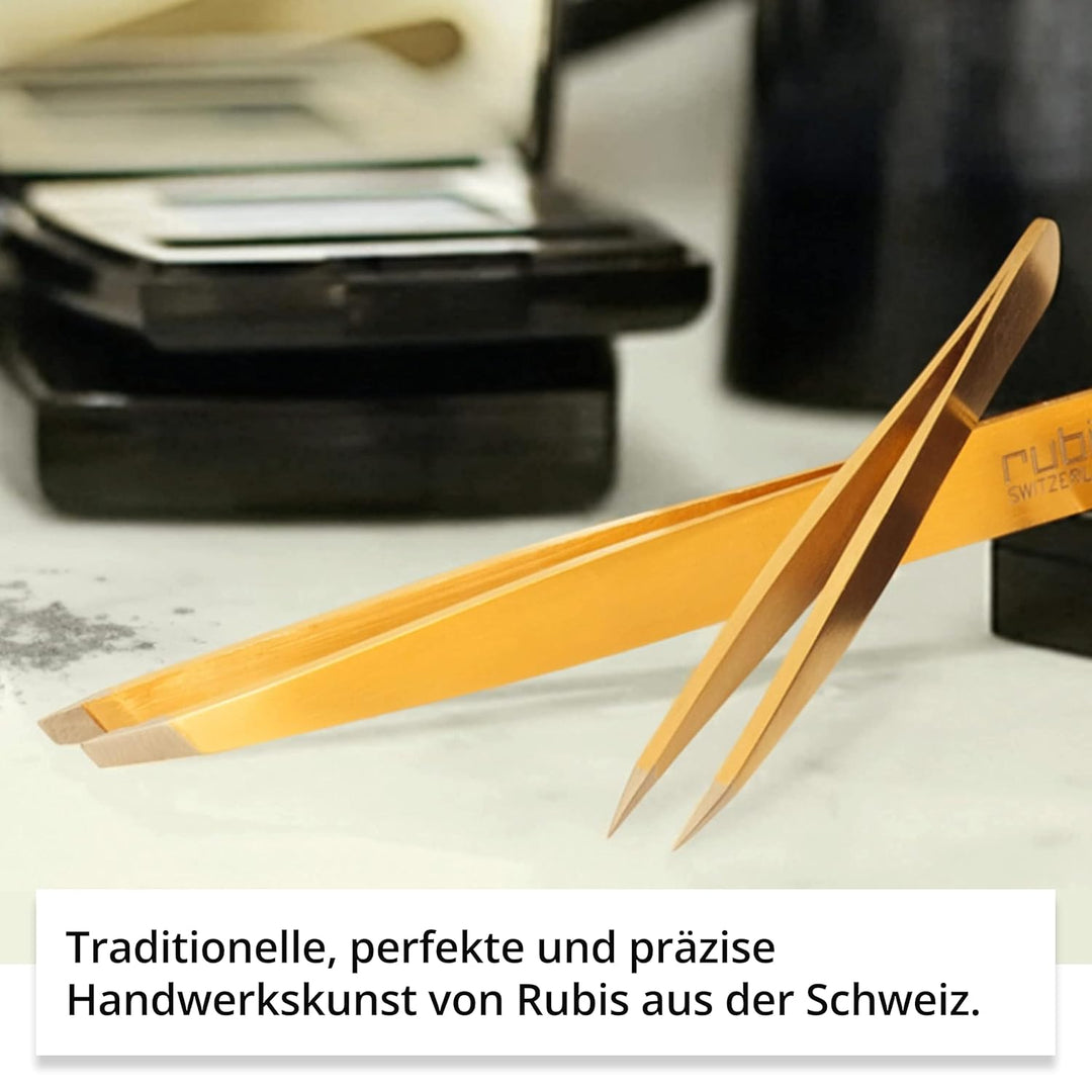 Rubis Pinzette Gold - schräg, fein und spitz - Pinzette zum Augenbrauen zupfen - schräge Spitze zur