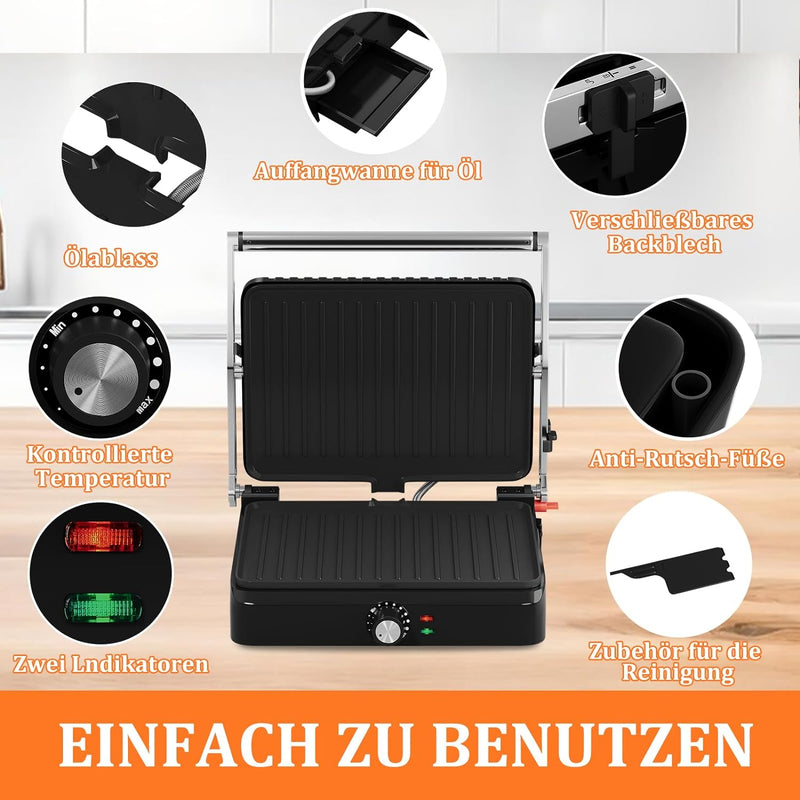 HOMELUX Kontaktgrill, Sandwichmaker, Panini Grill 2200W, Toaster Sandwichtoaster für Fettfreies Gril