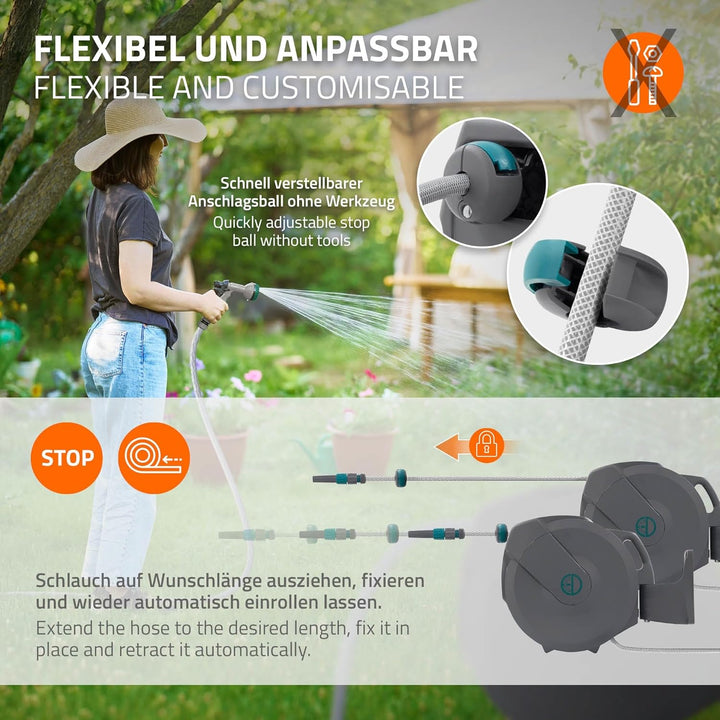 ECD Germany Schlauchaufroller 20m+2m, Schlauchtrommel, Wand-Schlauchbox RollUp mit Arretierstop und