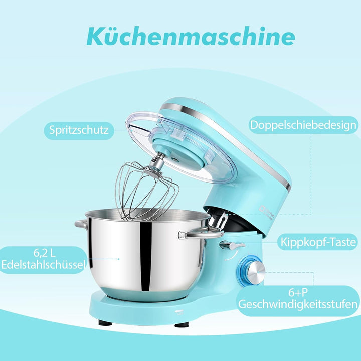 Kitchen in the box Küchenmaschine, 6,2 L Knetmaschine 1400 W, 6 Geschwindigkeits Teigmaschine mit Rü