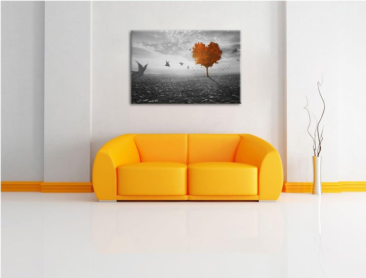 Roter Herzbaum im Herbst schwarz/weiss Format: 100x70 auf Leinwand, XXL riesige Bilder fertig gerahm