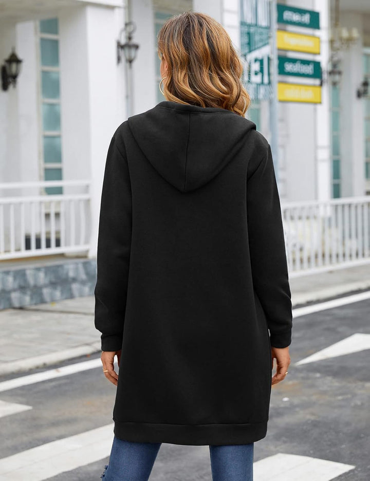 Fleecejacke Damen Lang Gefütterte Sweatjacke Dicke Strickjacke Warme Hoodie Jacke mit Reissverschlus