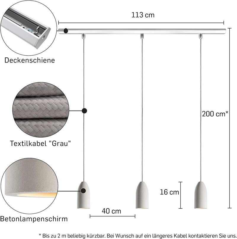 Buchenbusch urban design Pendelleuchte 3-flammig light edition, Beton Deckenlampe hängend mit Textil