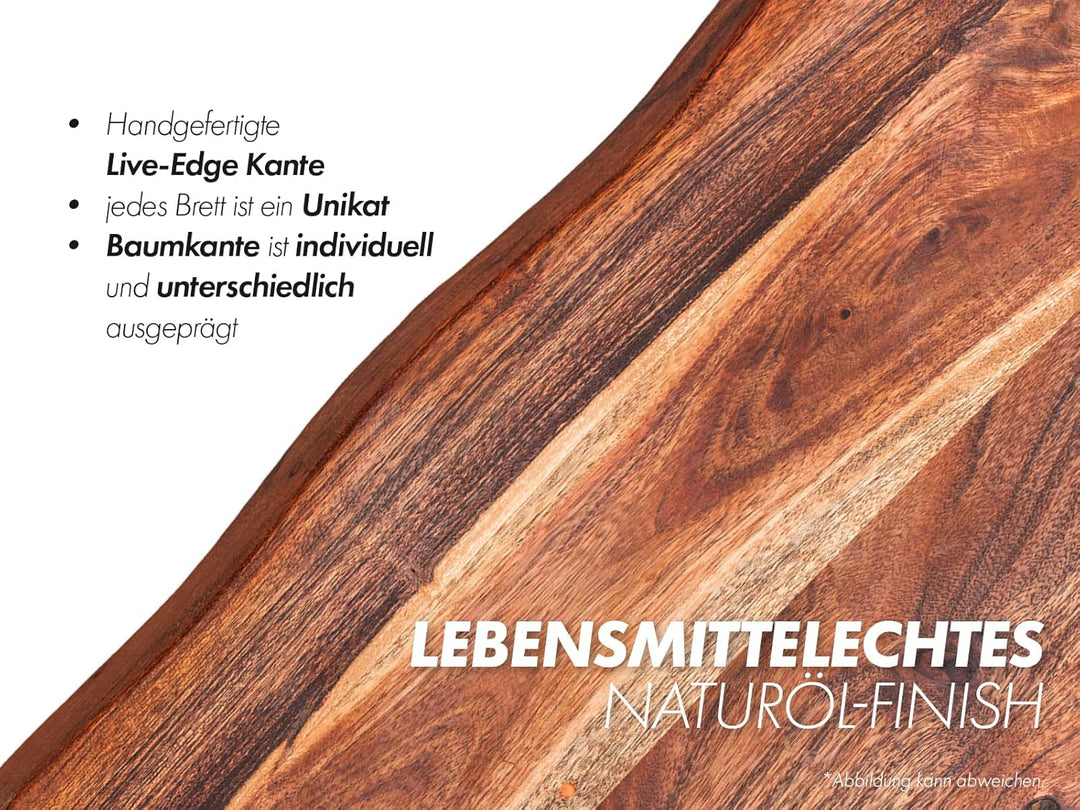 Servierbrett 68x23 Holz I Tragegriffe an den Seiten I Brotzeitbrett rustikal mit Baumkante I Schneid