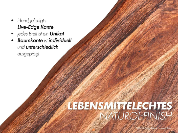 Servierbrett 68x23 Holz I Tragegriffe an den Seiten I Brotzeitbrett rustikal mit Baumkante I Schneid