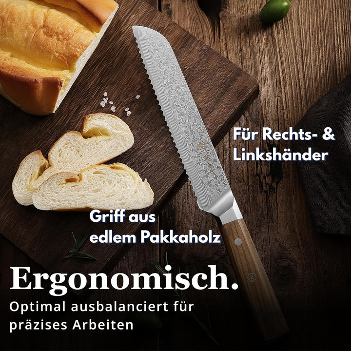 Wakoli Oribu Brotmesser 20 cm extrem scharfe Klinge aus 67 Lagen I Damast Küchenmesser und Profi Koc