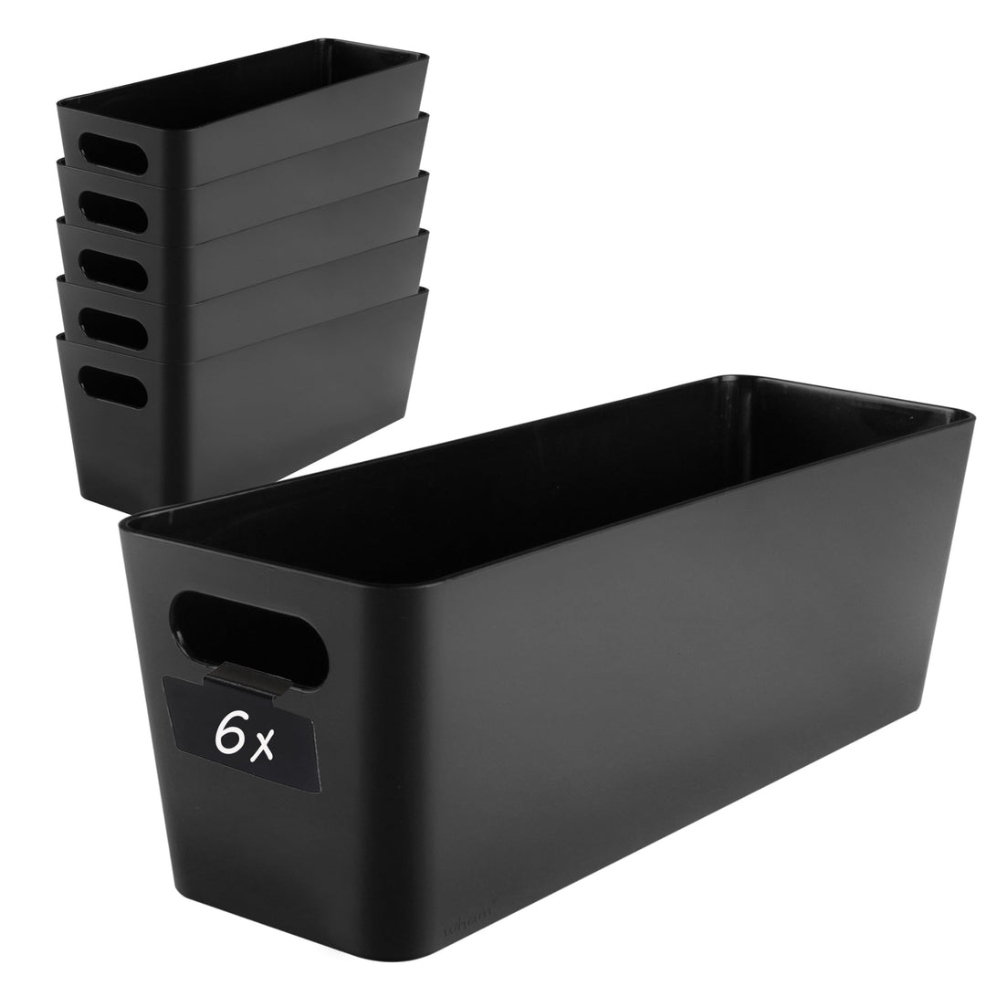 Hummelladen 6X Ordnungsbox 10 cm hoch - schwarz 30x10x10cm 2 Liter - mit Beschriftungsclip Ordnungsk