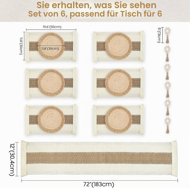 6 Stück Tischsets mit Ladeteller, Tischsets und Serviettenringe, hergestellt aus natürlichem Baumwol