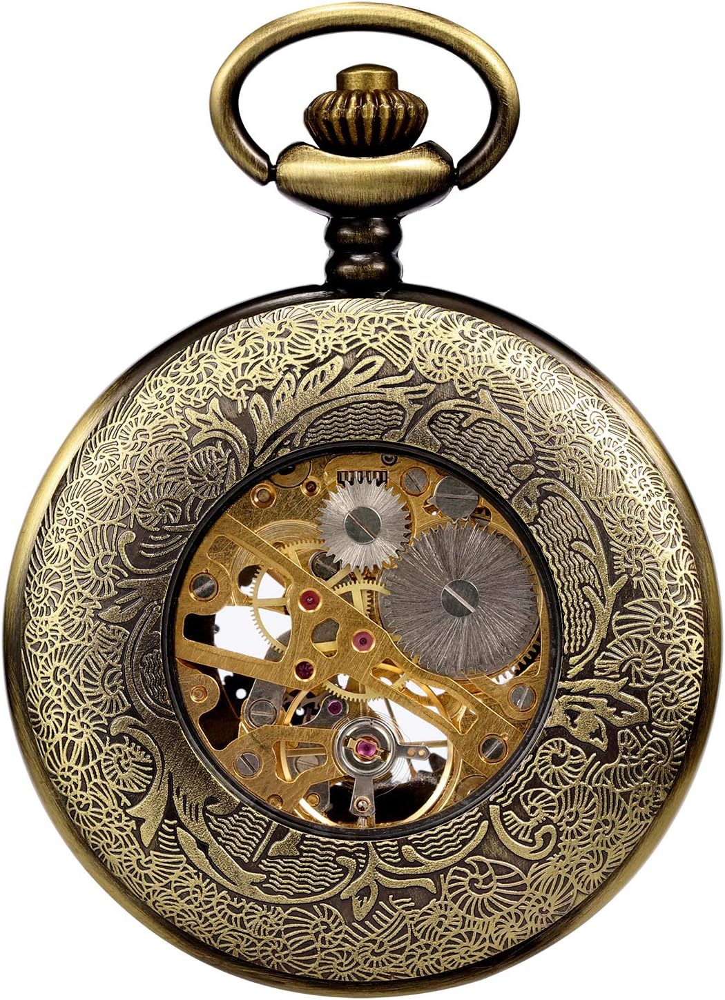 TREEWETO Mechanische Skelett-Taschenuhr für Herren und Damen, Bronze-Ausrüstung, hohles Gehäuse, Ste