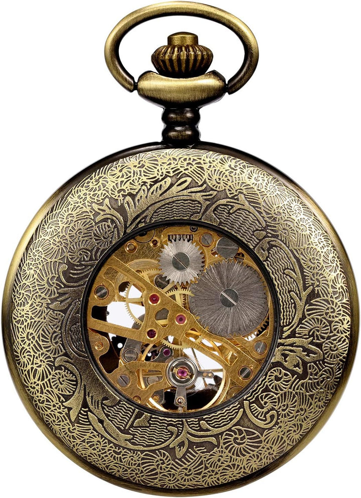 TREEWETO Mechanische Skelett-Taschenuhr für Herren und Damen, Bronze-Ausrüstung, hohles Gehäuse, Ste