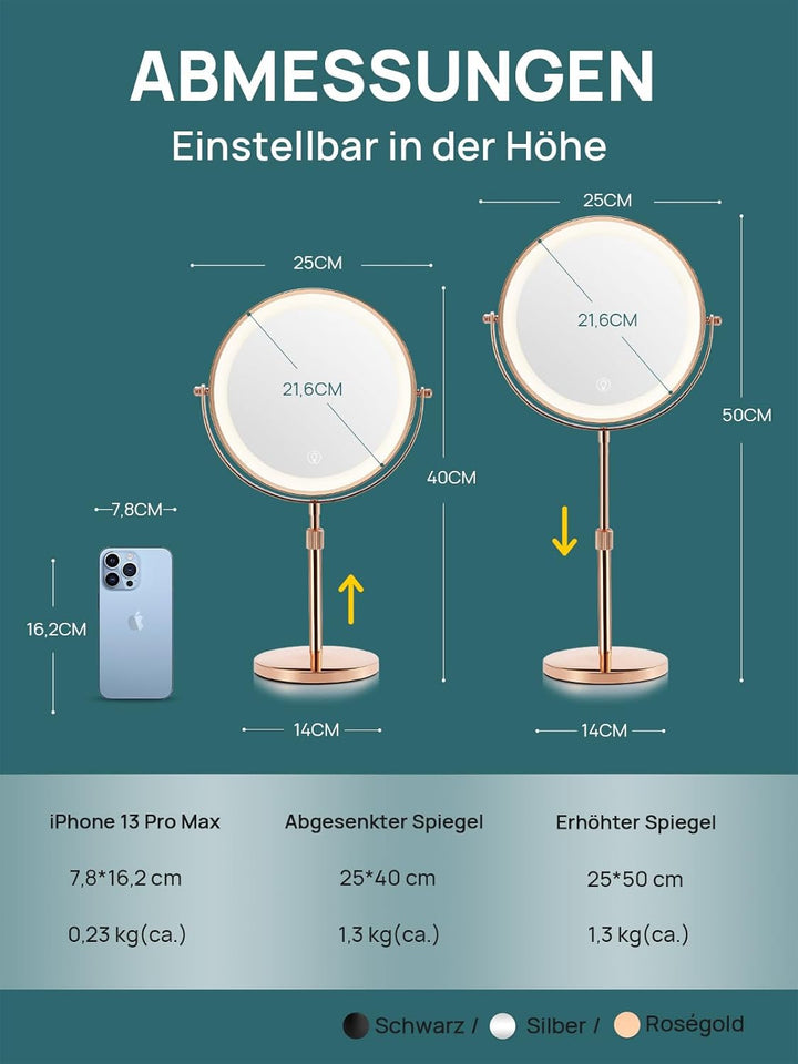 OMIRO 3X/10X Vergrösserungs Make-up Spiegel mit Lichtern, 21 cm Doppelseitiger Schwenkbarer Kosmetik