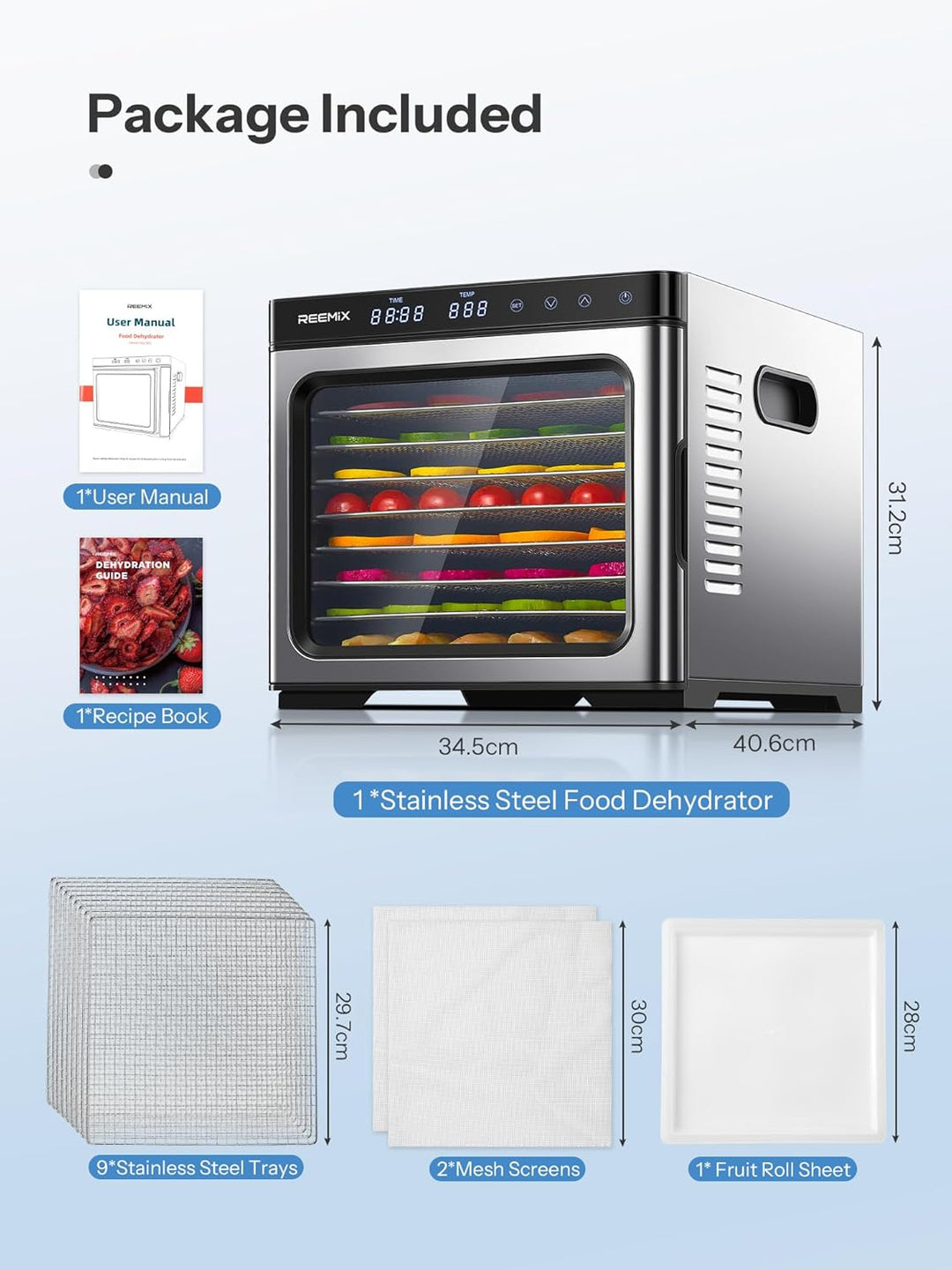 Dörrautomat Edelstahl mit digitaler Steuerung 1000W, Food Dehydrator mit 9 Edelstahl-Ablagegitter, G