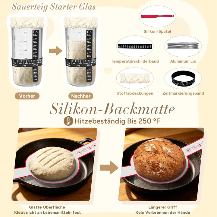 Sauerteig Starter Set, 16-teilig Gärkorb Brot Set, Brot Backen Zubehör, Gärkörbchen Oval und Rund 25