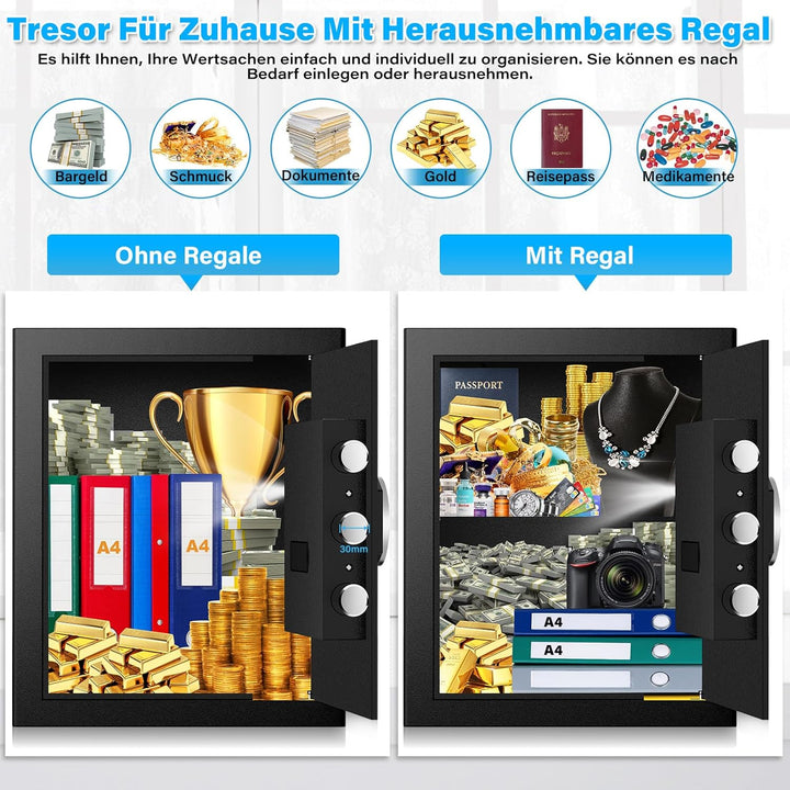 Mejasg 45L Safe Tresor Fingerabdruck mit A4 Feuerfester Tasche, Fingerabdruck Tresor für Zuhause mit