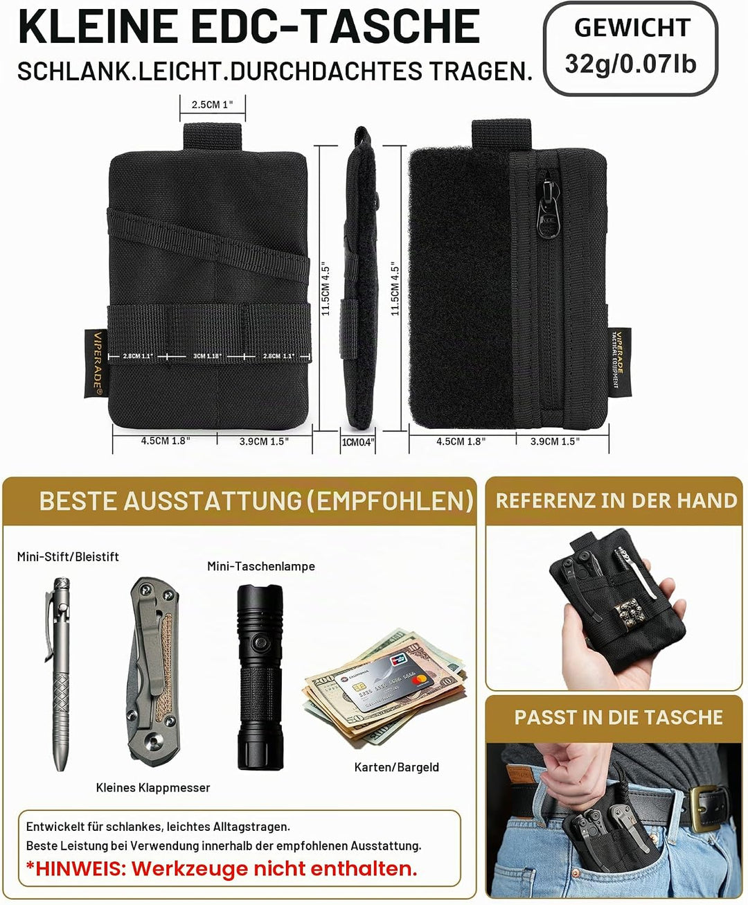 VIPERADE VE15 Mini EDC Pouch,Kleiner EDC Organizer Tasche mit 3 Taschen,Mini EDC Werkzeugtasche mit
