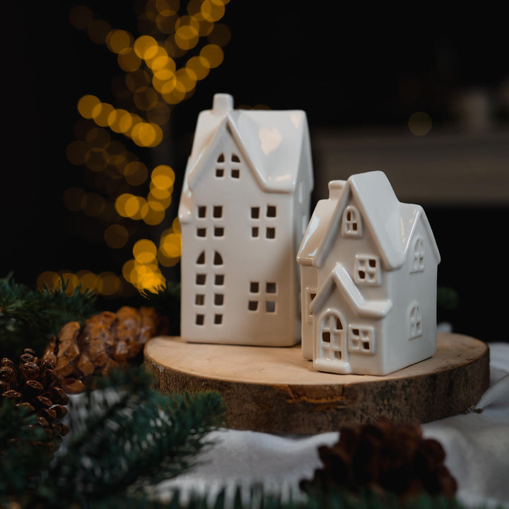 Keramik LED Haus - Lichthaus weiss glänzend 2er Set