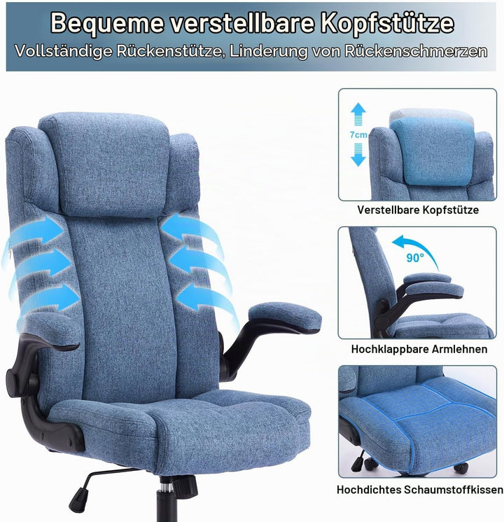 Bürostuhl Ergonomischer Computerstuhl 150KG Belastbarkeit Chefsessel Verstellbare Kopfstütze Flip-up