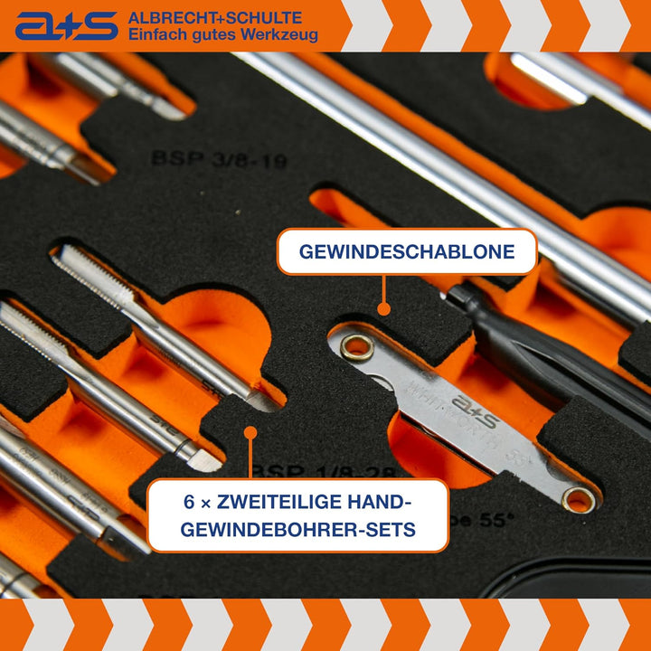 a+s HSS BSP G Rohrgewindeschneider Set | 1/8-1'', 27-tlg. | Gewindeschneider Set Zoll | Whitworth Ro