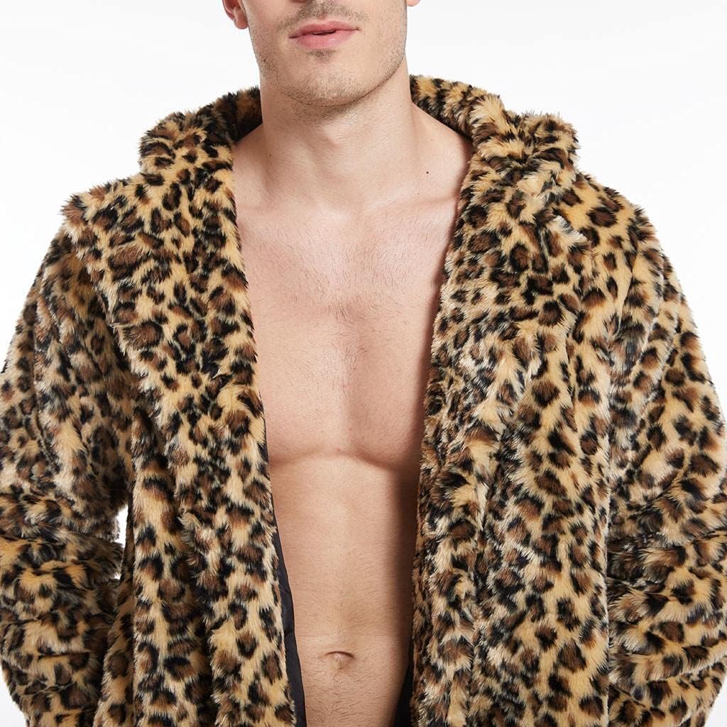 Celucke Pelzmantel Herren Lang Kunstpelz Mantel Leopard Strickjacke Reverskragen Winterjacke Warme V