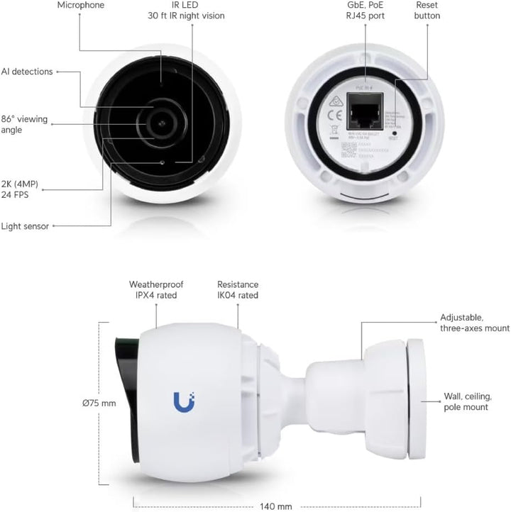 Ubiquiti Networks UniFi Protect G4-Bullet Camera Versatile 4 MP (1440p), W125818480 (Indoor/Outdoor