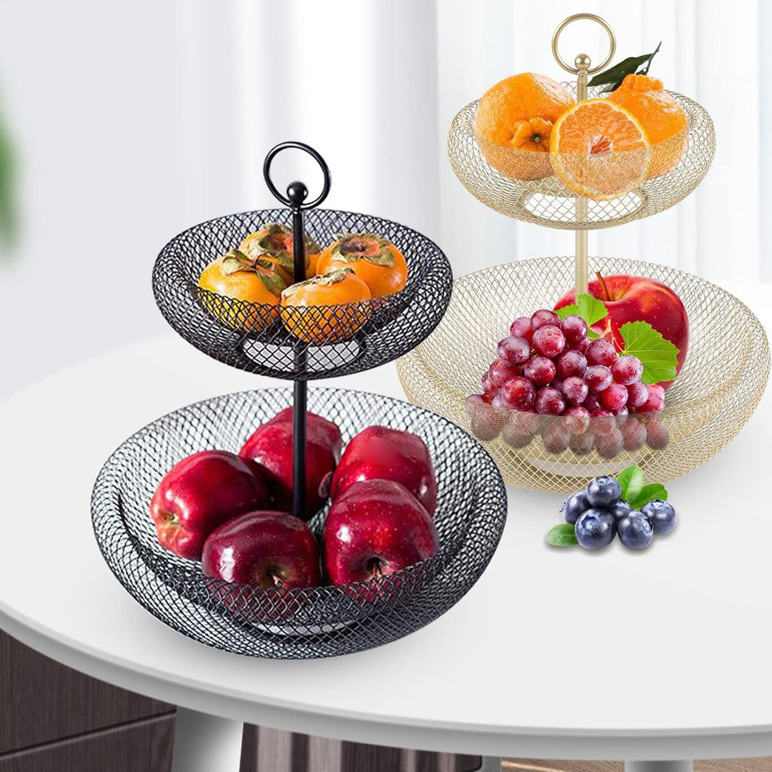 Schwarz Obst Etagere mit 2 Stöckig Platzsparendes Obstschale mit Bambusholzständer Servierschalen fü