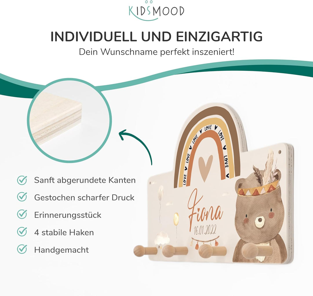 KIDSMOOD Personalisierte Wand-Garderobe mit Wunschnamen, Kleiderhaken aus Holz mit süssem Tier-Motiv