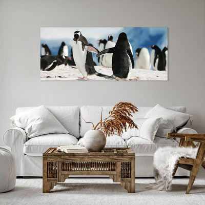 Wandbilder Dekoration Wohnzimmer Pinguine Winter Natur Schnee Panorama Bilder auf Leinwand 120x50cm