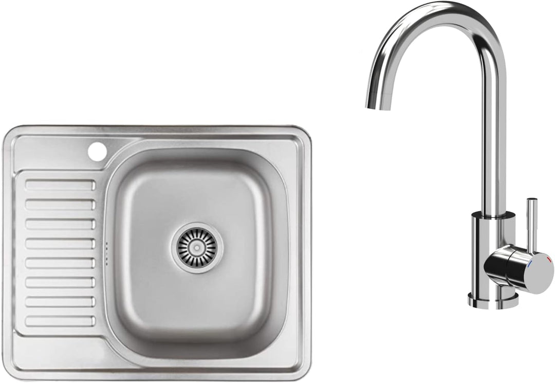 VBChome Einbauspüle mit Armatur 58x48 Satinstruktur Links Edelstahl Küchenspüle Spüle Ablagefläche A