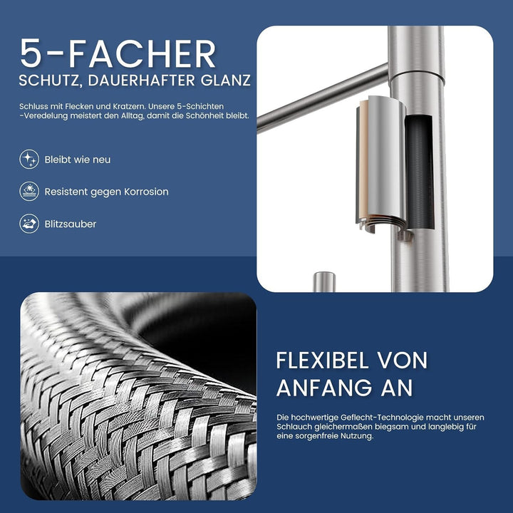 wasserhahn küche wandmontage mit ausziehbarem Sprühkopf, Hoch Gebogen Wandarmatur mit 2 Strahlarten