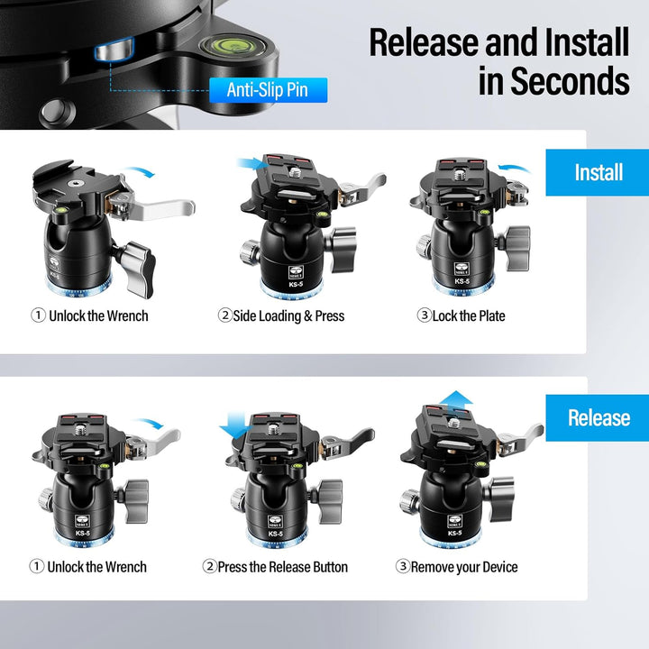SIRUI KS-5 Kugelkopf Low Profile für Stativ, 29 mm 360° Panorama Aluminium Stativkopf für Kamera, Ca