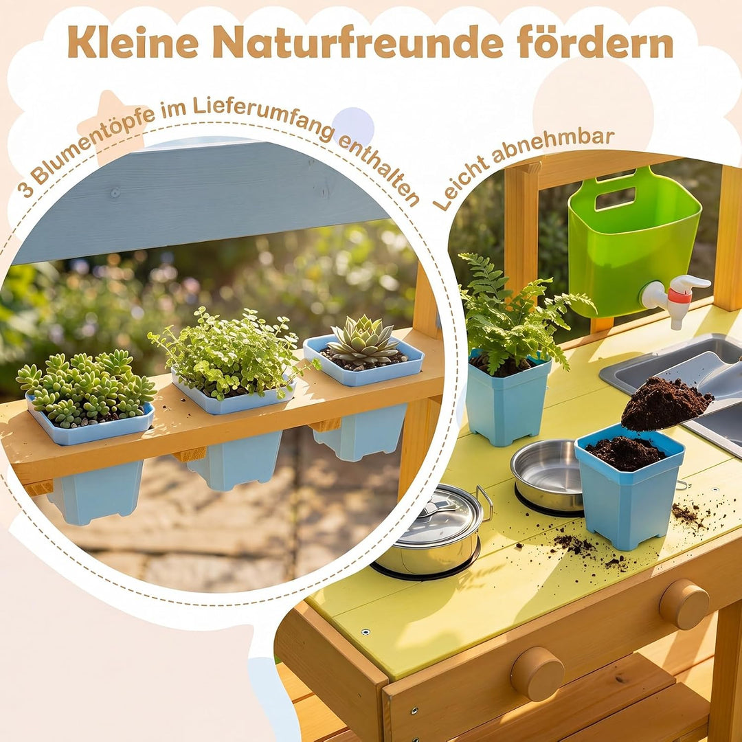 COSTWAY Matschküche Kinder Outdoor, Spielküche mit Wassertank &amp; Wasserhahn | Kinderküche mit Rädern,