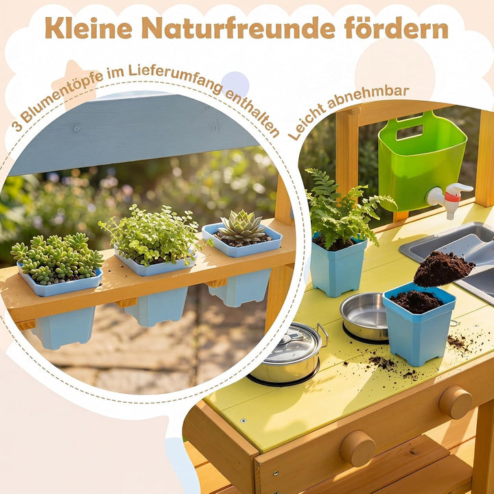 COSTWAY Matschküche Kinder Outdoor, Spielküche mit Wassertank &amp; Wasserhahn | Kinderküche mit Rädern,