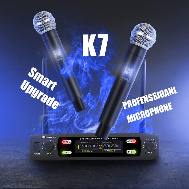 micfuns K7 Professional Mikrofon-Sets Wireless 2 Handheld VHF 230-250 MHz Mikrofonsystem 100 m Entfe
