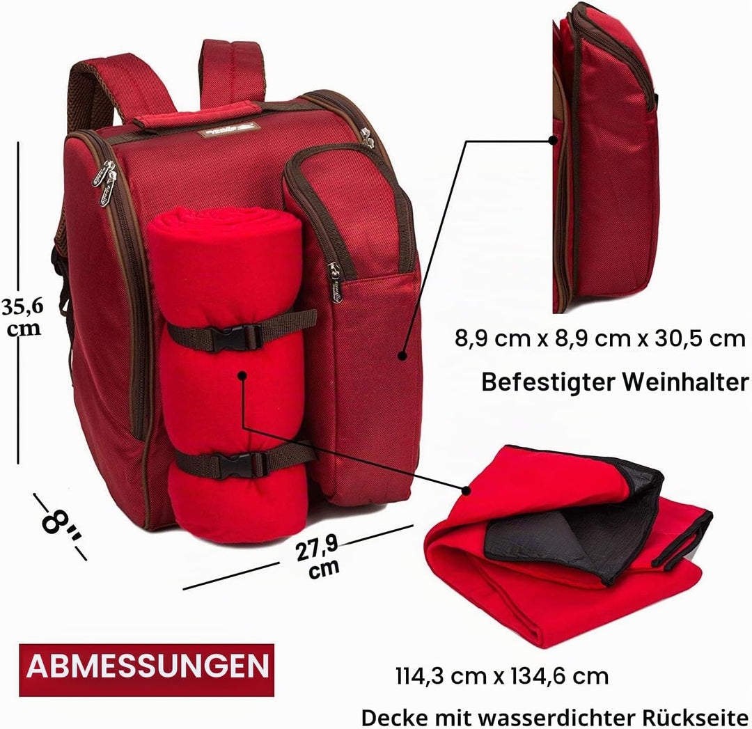 Apollowalker, roter Picknickrucksack für 2 Personen, Korb mit Kühltasche, inkl. Geschirr und, Rot