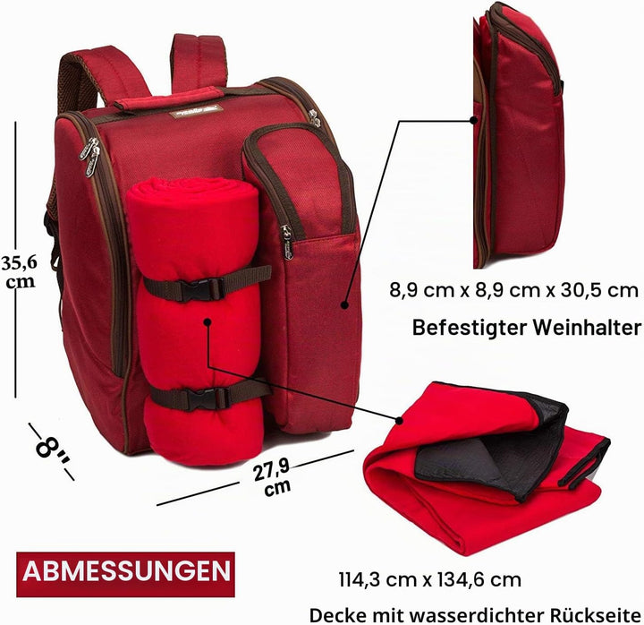 Apollowalker, roter Picknickrucksack für 2 Personen, Korb mit Kühltasche, inkl. Geschirr und, Rot