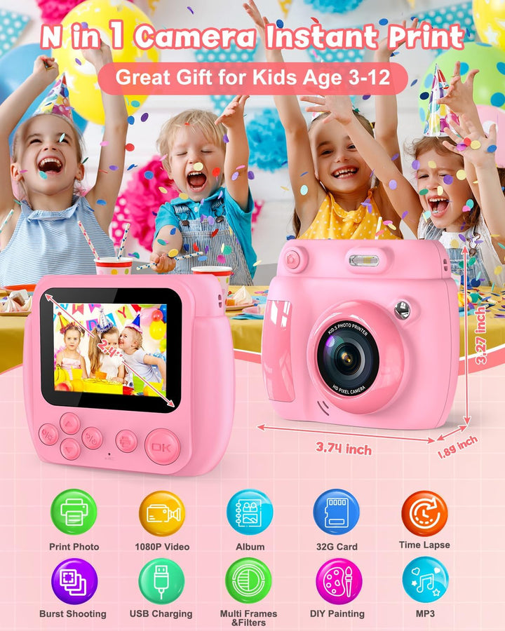 Gofunly Sofortbildkamera Kinder, 2.4 Zoll Bildschirm Kinderkamera Sofortbildkamera mit 32GB Karte &