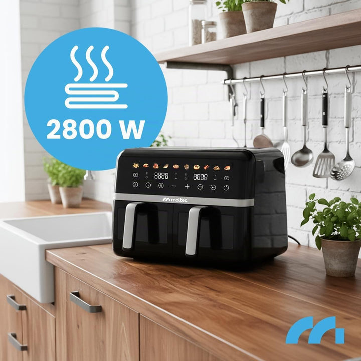 MalTec Heissluftfritteuse XL 2 kammern mit Sichtfenster, 10L Airfryer, Touchscreen, 2800 Watt, 10 Pr