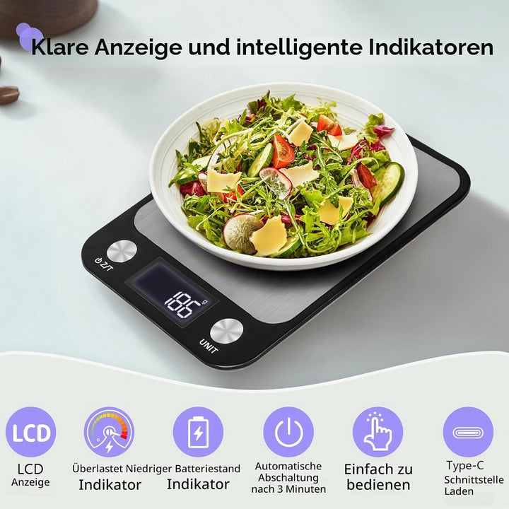 1g/10kg wiederaufladbare digitale Küchenwaage, 17,5x15cm grosse Plattform elektronische Lebensmittel
