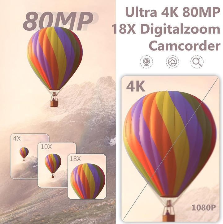 Videokamera 4K Camcorder HD 80MP IR-Nachtsicht Vlogging Kamera für YouTube, Webcam Camera mit 18-Fac