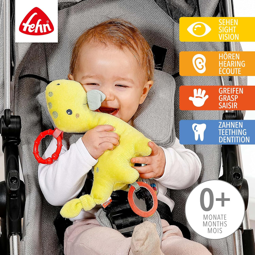Fehn Activity Spielzeug Dino - Motorikspielzeug mit Befestigungsring - Baby Spieltier mit Greif Elem