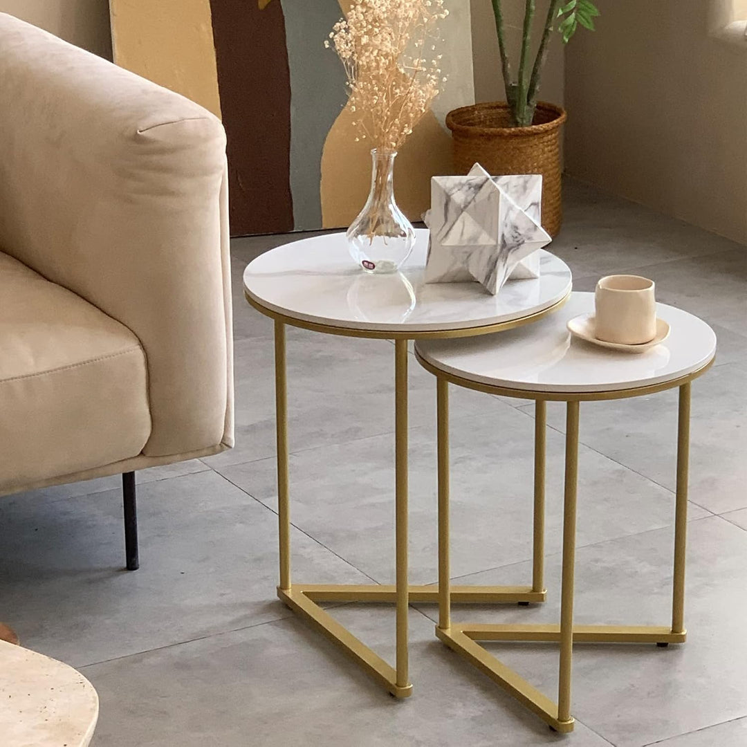 FATIVO Satztisch 2er Set Marmor: Rund Gold Beistelltisch Set - Couchtisch Weiss Wohnzimmertisch mit
