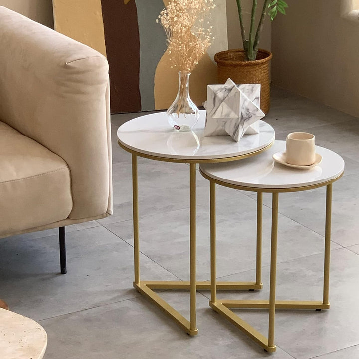 FATIVO Satztisch 2er Set Marmor: Rund Gold Beistelltisch Set - Couchtisch Weiss Wohnzimmertisch mit