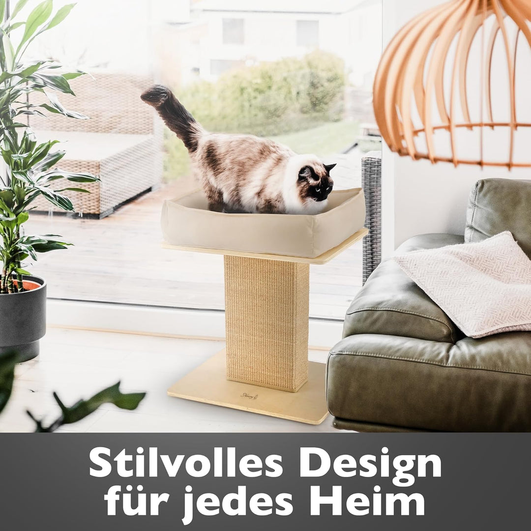 Nemmy Premium Kratzbaum klein beige | Stabiler Kratzstamm extra breit | Katzenbett mit Kissen | Katz